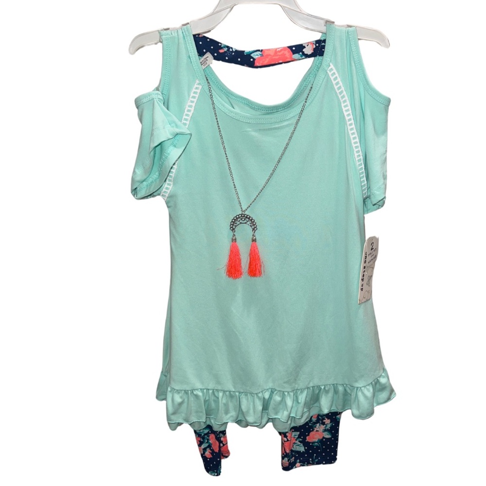 Girls' Mint Cold Shoulder Top with Floral Leggings